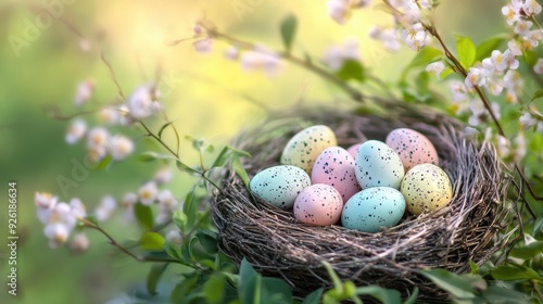 A cozy nest holds pastel-colored Easter eggs amidst blooming flowers in a tranquil garden photo