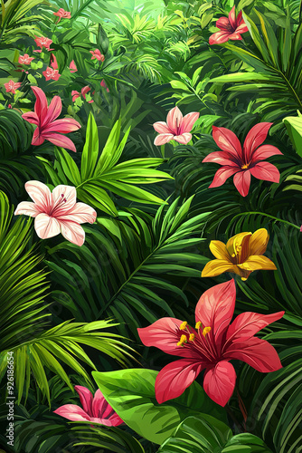 Tropical jungle illustration with exotic flowers blooming