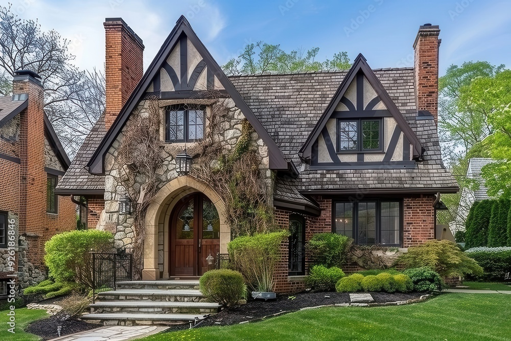 Tudor Style House with Brick and Stone Exterior. Tudor Style House with Brick and Stone Exterior.