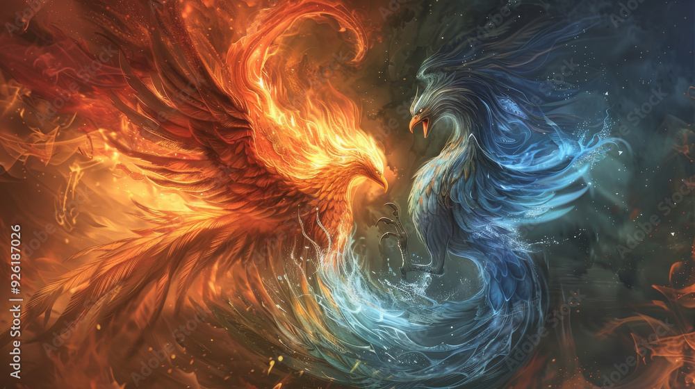 Vivid illustration of two phoenixes, one in red and one in blue, Vivid illustration of two phoenixes, one in red and one in blue,