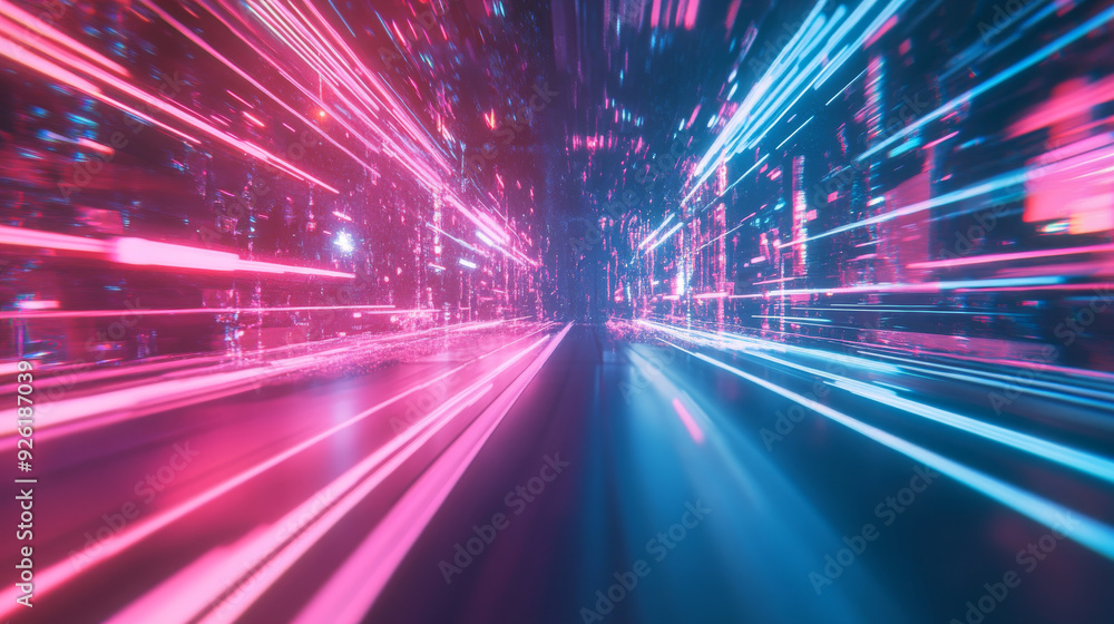 A futuristic scene with high-speed motion, illuminated by vivid blue and pink neon lights. A futuristic scene with high-speed motion, illuminated by vivid blue and pink neon lights.