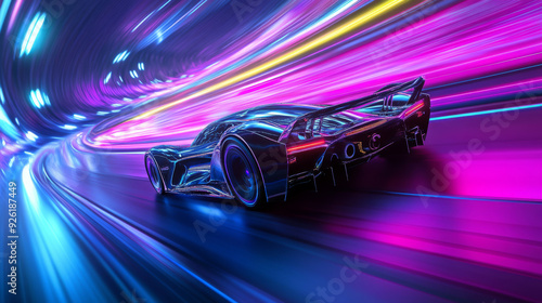 A fast sports car races down a neon-lit highway. The supercar accelerates rapidly on a nighttime road, surrounded by vibrant lights and streaks. This is a 3D rendering.