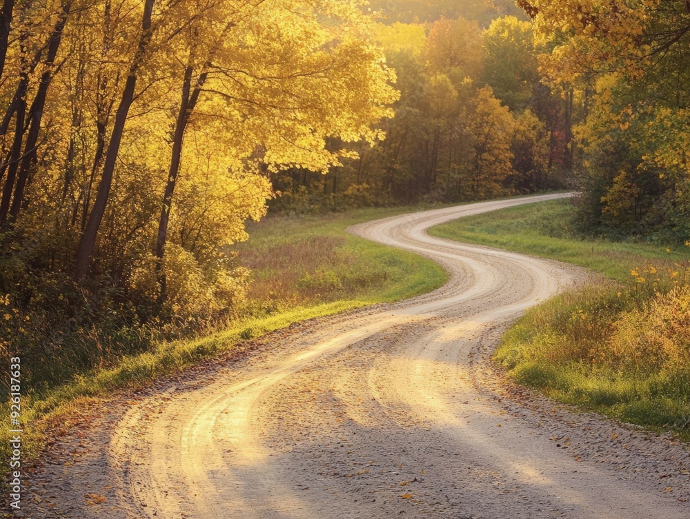 Winding Dirt Road Through Rural Countryside, Scenic Autumn Landscape With Golden Sunlight Winding Dirt Road Through Rural Countryside, Scenic Autumn Landscape With Golden Sunlight