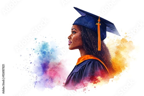 Watercolor Portrait of a Proud Graduate in Cap and Gown. photo