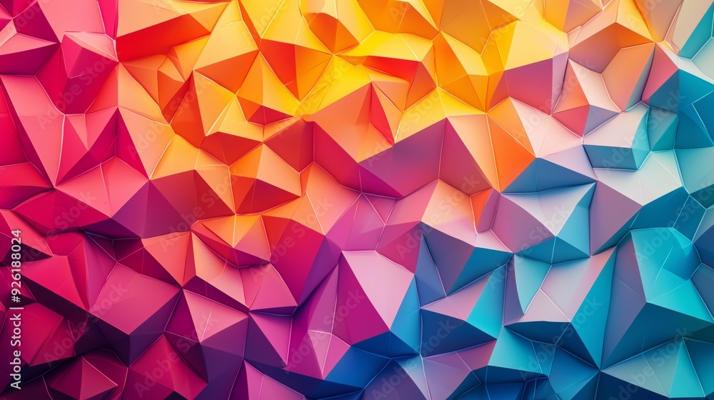 Abstract digital art composed of low poly geometric shapes in a vibrant gradient of yellow, orange, pink, and blue, creating a 3D effect. Abstract digital art composed of low poly geometric shapes in a vibrant gradient of yellow, orange, pink, and blue, creating a 3D effect.