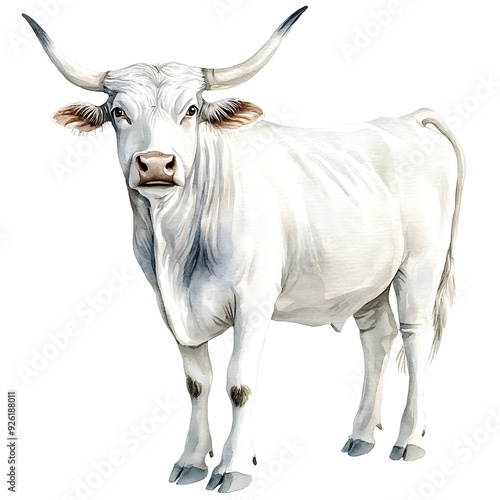 Watercolor Illustration of a White Cow with Horns.