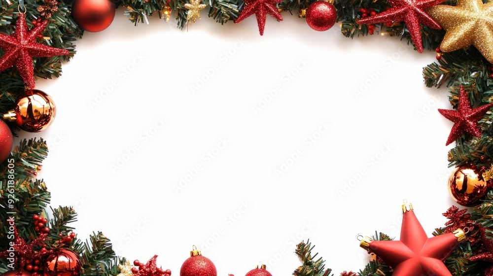 Christmas decorations, red and gold stars, ornaments, and tinsel border a white background. Christmas decorations, red and gold stars, ornaments, and tinsel border a white background.