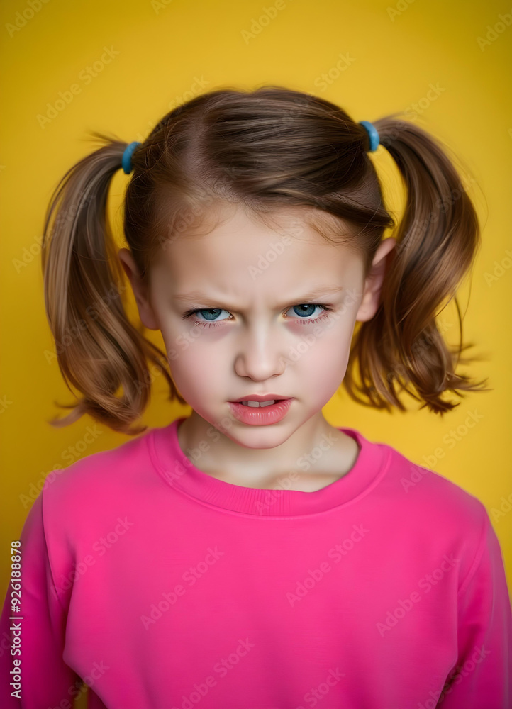 Portrait of a cute little Caucasian girl looking curious, little girl`s ponies make her appearance striking. Isolated on yellow background. Portrait of a cute little Caucasian girl looking curious, little girl`s ponies make her appearance striking. Isolated on yellow background.