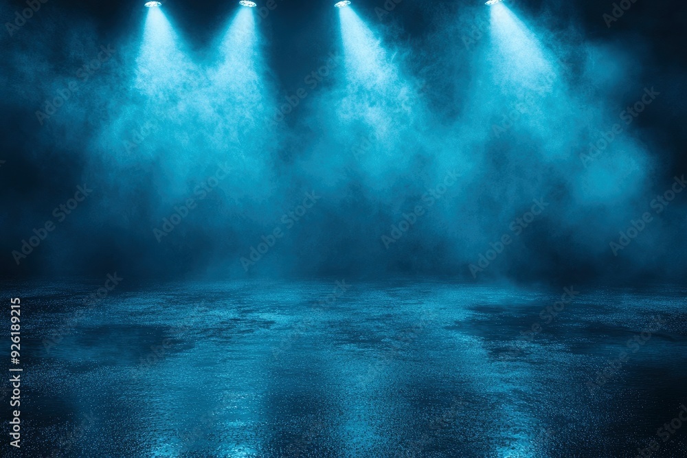 Rays searchlight light blue neon . Dark empty scene with smoke. Reflections on wet asphalt , ai Rays searchlight light blue neon . Dark empty scene with smoke. Reflections on wet asphalt , ai