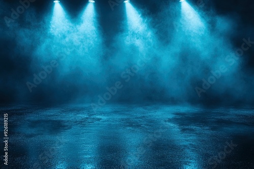 Wallpaper Mural Rays searchlight light blue neon . Dark empty scene with smoke. Reflections on wet asphalt , ai Torontodigital.ca