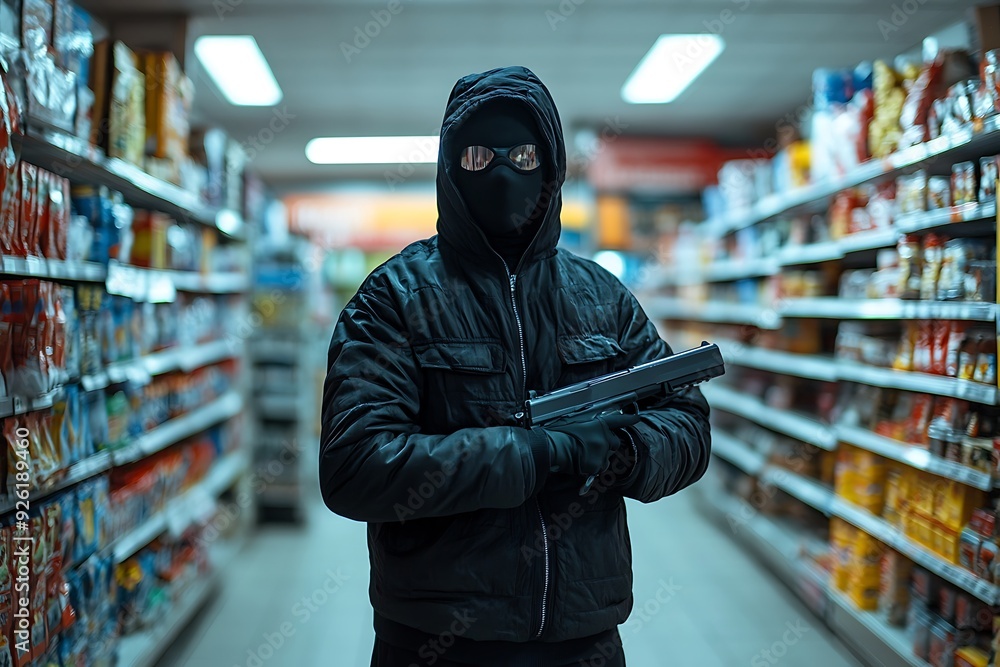 A tense moment captured in a convenience store as a masked individual brandishes a handgun, creating a high-stakes robbery scenario A tense moment captured in a convenience store as a masked individual brandishes a handgun, creating a high-stakes robbery scenario