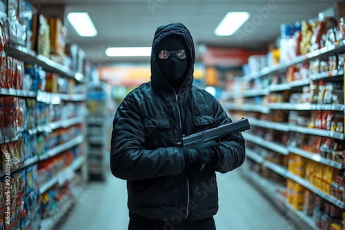 A tense moment captured in a convenience store as a masked individual brandishes a handgun, creating a high-stakes robbery scenario