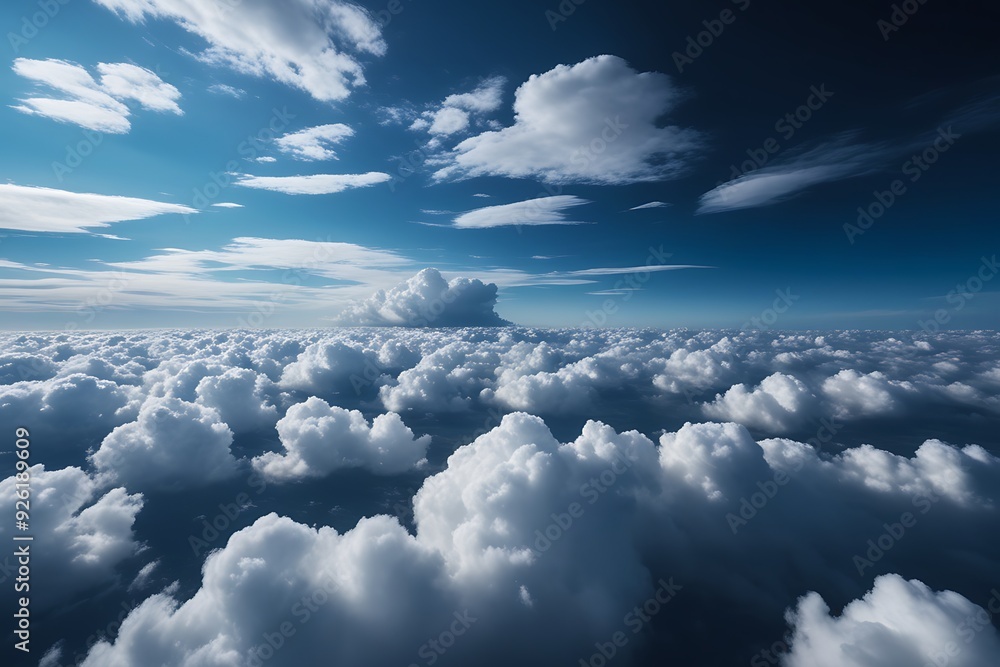Cinematic photo of a vast sky with fluffy white clouds and deep blue hues. Serene and awe-inspiring, capturing the limitless expanse Cinematic photo of a vast sky with fluffy white clouds and deep blue hues. Serene and awe-inspiring, capturing the limitless expanse