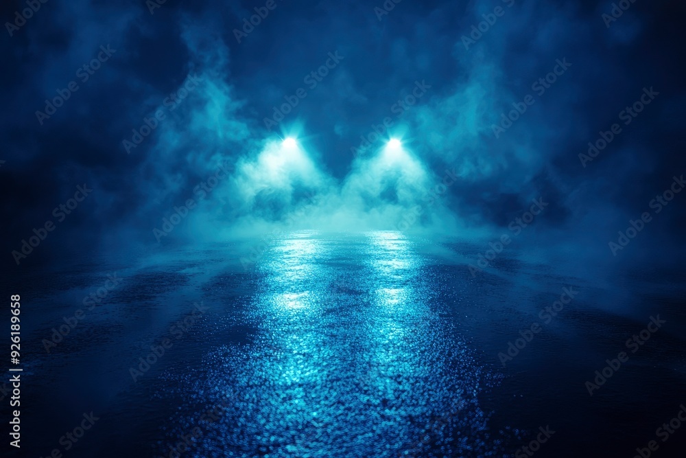 Fototapeta premium Rays searchlight light blue neon . Dark empty scene with smoke. Reflections on wet asphalt , ai