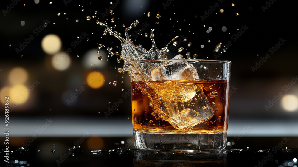 Glass of whiskey or other alcohol with ice cubes, featuring a splash effect, isolated against a black background. Glass of whiskey or other alcohol with ice cubes, featuring a splash effect, isolated against a black background.