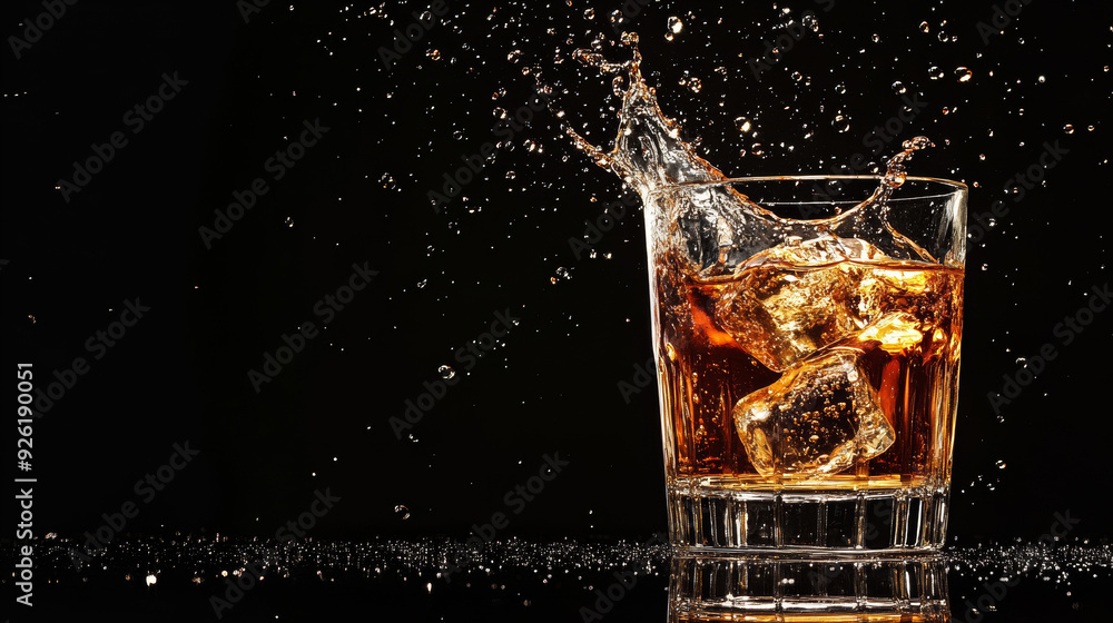 Glass of whiskey or other alcohol with ice cubes, featuring a splash effect, isolated against a black background. Glass of whiskey or other alcohol with ice cubes, featuring a splash effect, isolated against a black background.