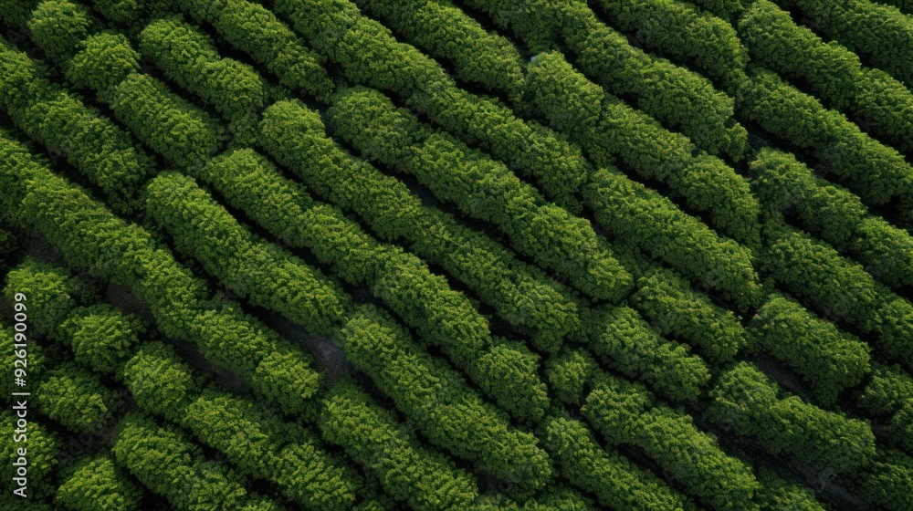 Top-down view of a tea tree field with a well-defined, organized pattern of rows Top-down view of a tea tree field with a well-defined, organized pattern of rows
