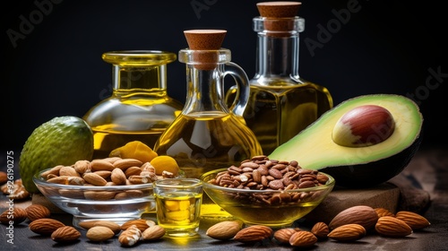 Assortment of nutritious fats  avocado, nuts, seeds, and olive oil on display for customization