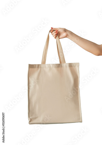 Hand holding canvas tote bag mockup isolated on white background