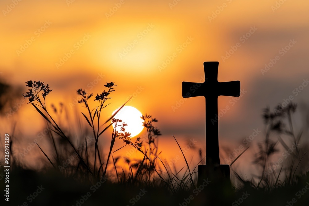 Silhouette christian cross on grass in sunrise background , ai Silhouette christian cross on grass in sunrise background , ai