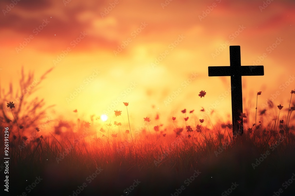 Silhouette christian cross on grass in sunrise background , ai Silhouette christian cross on grass in sunrise background , ai