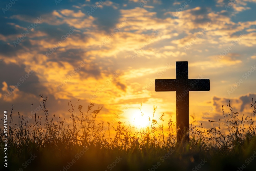 Silhouette christian cross on grass in sunrise background , ai Silhouette christian cross on grass in sunrise background , ai
