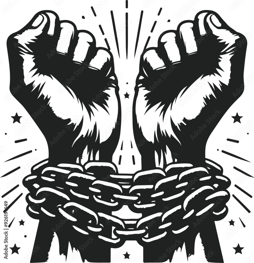 Obraz premium A Pair Of Hands Chained To A Chain Freedom Seeking Black Color Silhouette Vector Solid White&nbsp;Background