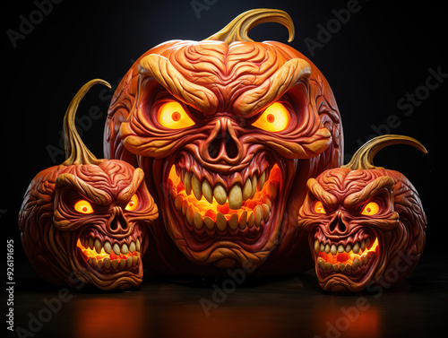 Wonderful Background of halloween pumpkins and tree photo