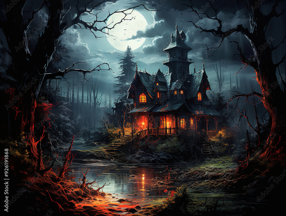 Excellent A house in the woods with a red light on the roof Excellent A house in the woods with a red light on the roof