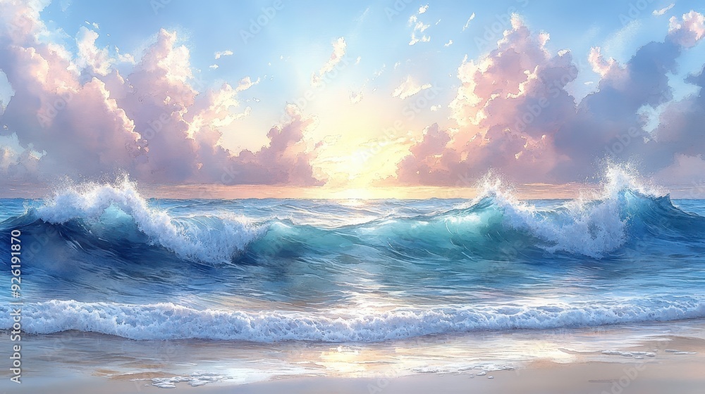 Tranquil Reflections: Serene Ocean Waves in Watercolor Style Tranquil Reflections: Serene Ocean Waves in Watercolor Style