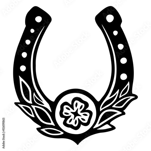 Tribal tattoo art with horsehoe and clover leaf
