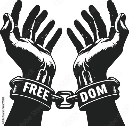 A Pair Of Hands Chained To A Chain Freedom Seeking Black Color Silhouette Vector Solid White Background