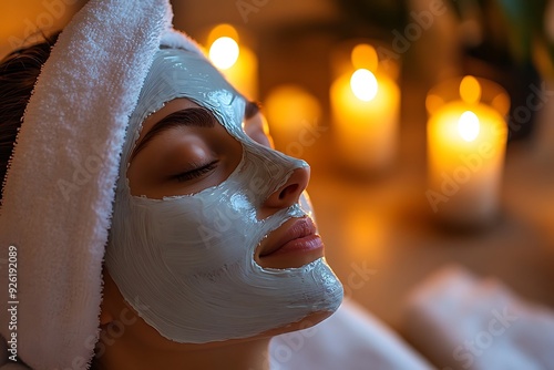 Close-up of a woman with a facial mask relaxing at a spa, highlighting skincare, relaxation, and wellness