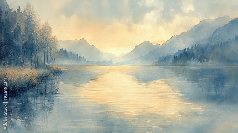 Fototapeta premium Tranquil Watercolor Painting of Silent Solitude in Soft Grays and Blues