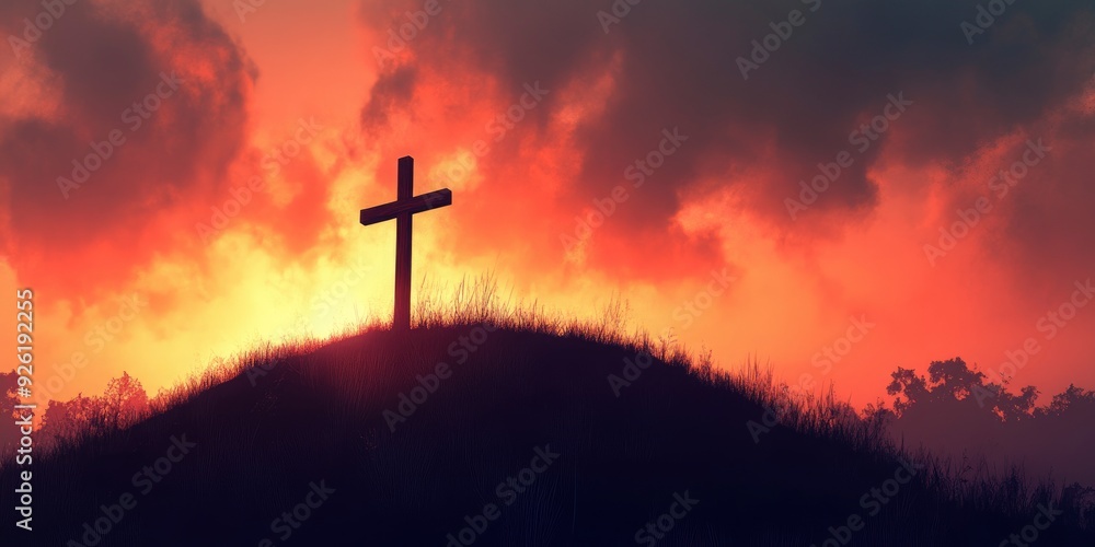 Silhouette of Cristian cross wood on top of hill at sunset , ai Silhouette of Cristian cross wood on top of hill at sunset , ai