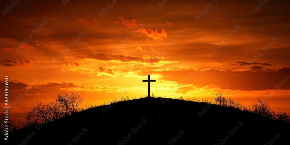 Silhouette of Cristian cross wood on top of hill at sunset , ai Silhouette of Cristian cross wood on top of hill at sunset , ai