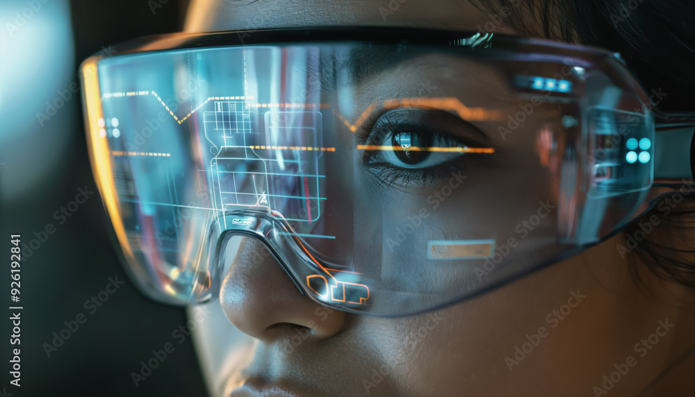 Woman wearing smart augmented reality goggles, some data and charts shown on screen, closeup detail. Generative AI Woman wearing smart augmented reality goggles, some data and charts shown on screen, closeup detail. Generative AI