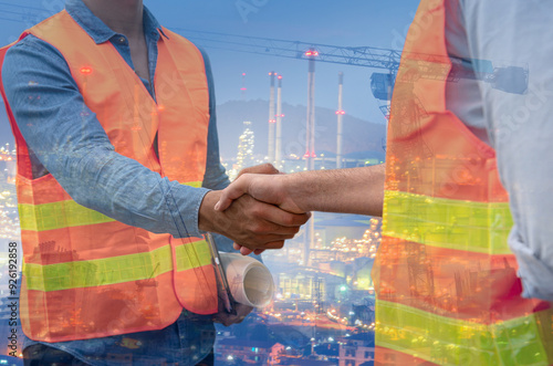 Industrial engineer, work at refinery - oil processing equipment and machinery energy factory. An engineers handshake , partnership, Teamwork successful ,collaboration concept.