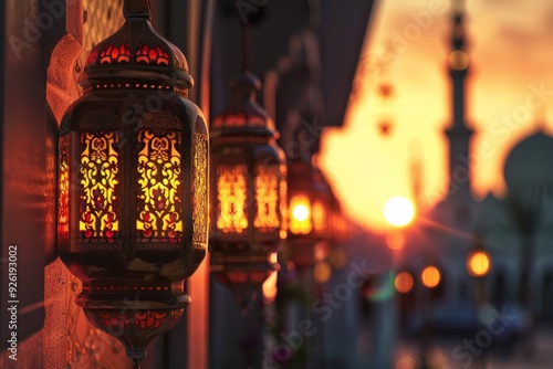 Ramadan lanterns hanging with a vibrant sunset sky