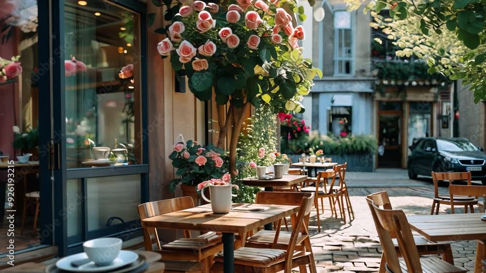 Charming Outdoor Café with Blooming Flowers in a European Street Charming Outdoor Café with Blooming Flowers in a European Street