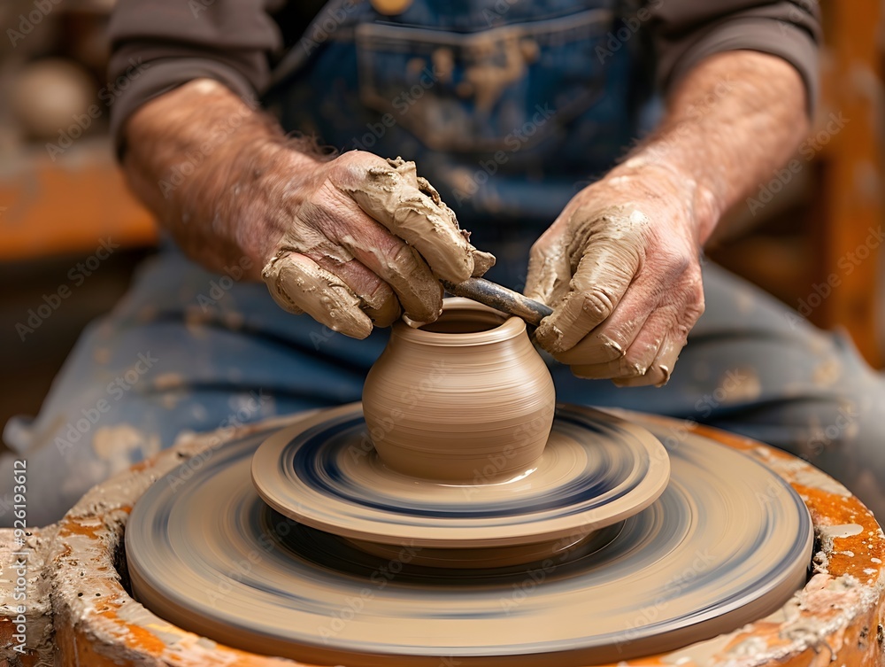 A potter works with a tool on a potters wheel leveling A potter works with a tool on a potters wheel leveling