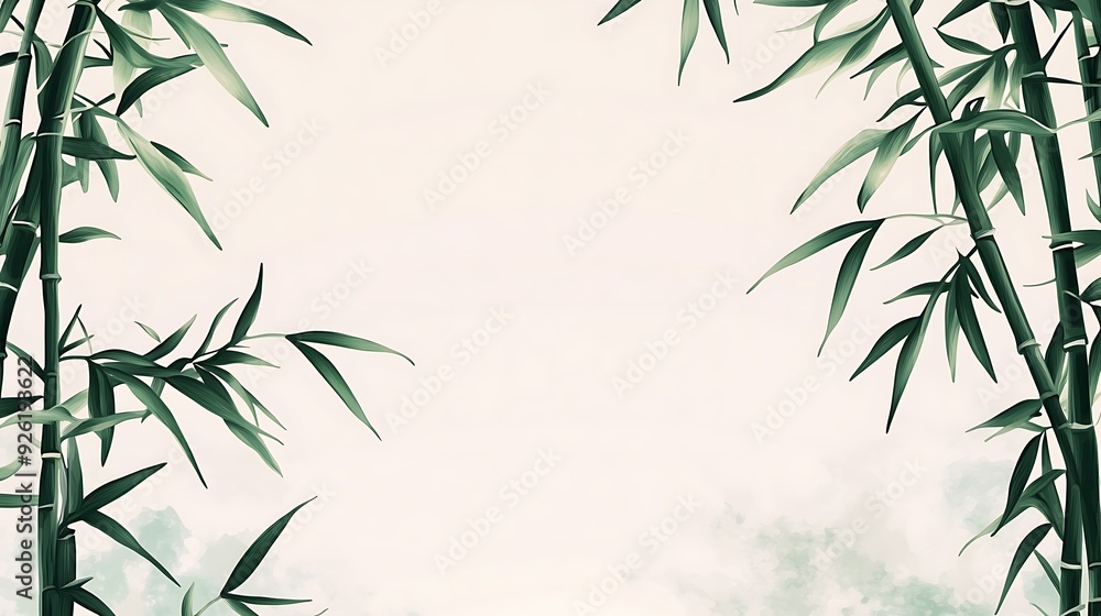 Fototapeta premium Peaceful Bamboo Frame Vector with Serene Grey Dawn Sky - Cartoon Style Flat Illustration in Hand-Drawn Watercolor, Tranquil Colors