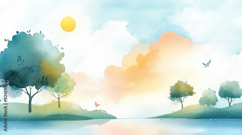 Fototapeta premium Serene Watercolor Bliss - Tranquil Painting in Soft Tones Bringing Harmonious Contentment