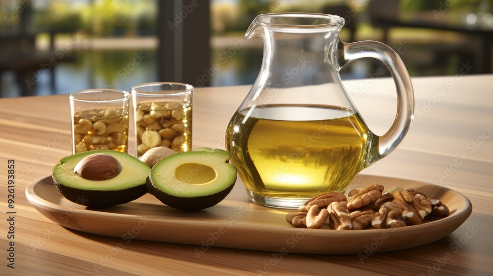 Assortment of nutritious fats avocado, nuts, seeds, olive oil on display for text or design Assortment of nutritious fats avocado, nuts, seeds, olive oil on display for text or design