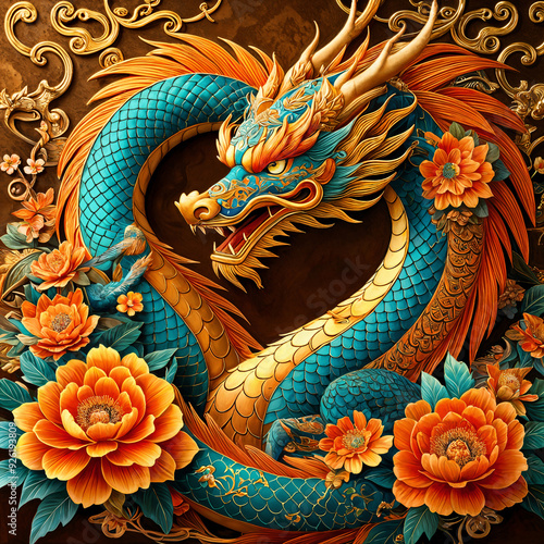 Wallpaper Mural A beautiful dragon, with intricate details and vibrant colors, set against a backdrop of flowers. Torontodigital.ca