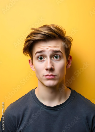 Portrait of a teenage caucasian giving a concerned glance, teenage appearance gives a subtle look. Isolated on yellow background. 