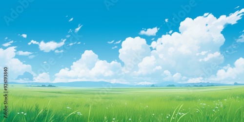 Enchanting Anime-Style Summer Skies: Lush Meadows and Puffy White Clouds Drifting in the Breeze, a Perfect Wide-Format Abstract Art for Game Concept and 4K Wallpapers,anime style