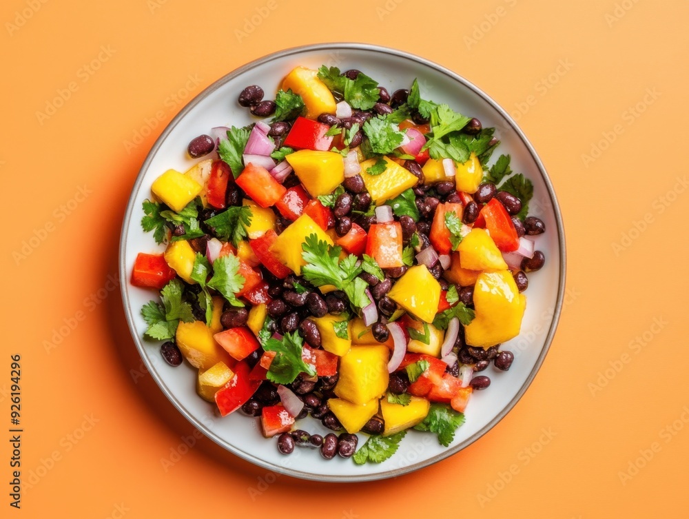 A vibrant salad featuring mango, black beans, and fresh herbs on a colorful background. A vibrant salad featuring mango, black beans, and fresh herbs on a colorful background.