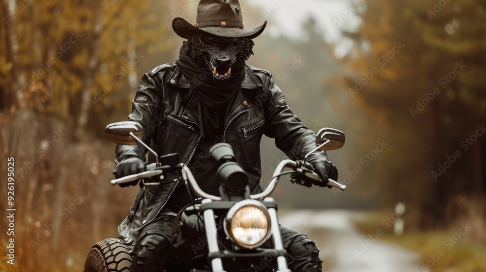 Person wearing a black leather jacket and a cowboy hat, with a wolf ...