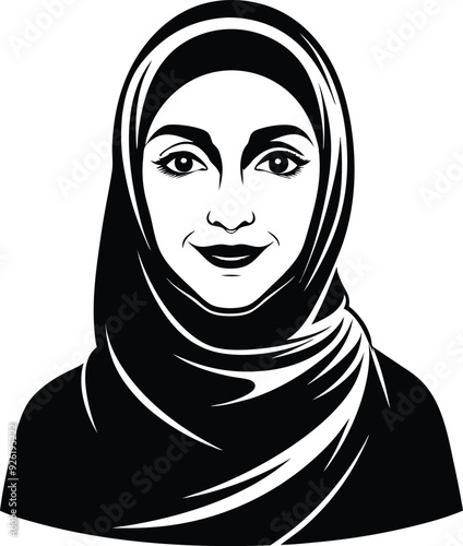 Muslim woman in hijab illustration black and white